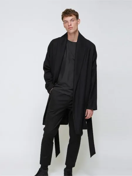 

men's trench coats autumn and winter long windbreaker type woolen lapel jacket contracted chinese style loose belt sleeve coat, Tan;black