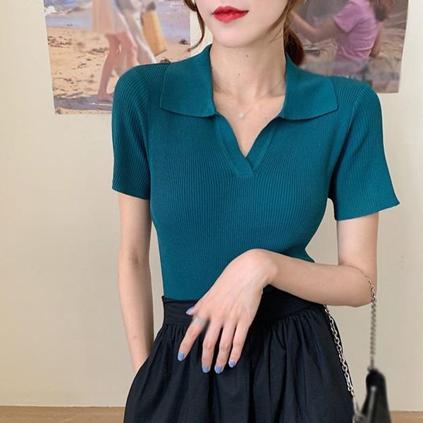 

women's t-shirt women short sleeve summer turn-down collar knitted female t-shirts fashion thin casual, White