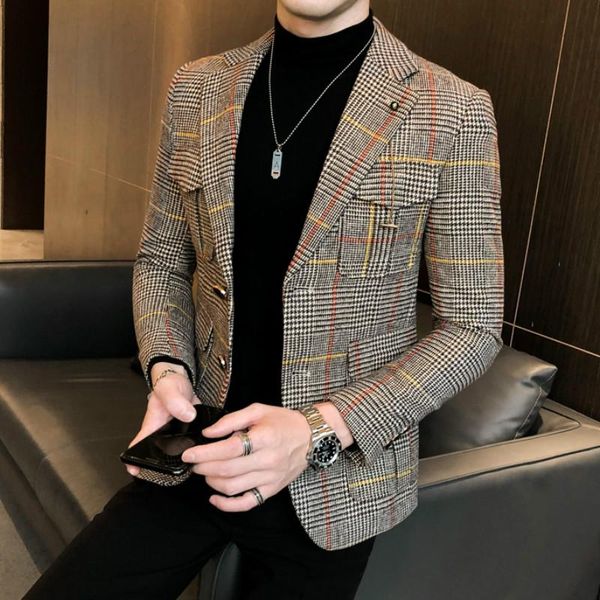 

new autumn plaid men blazers casual slim fit suit jacket woolen wedding dress coat business streetwear social costume homme, White;black