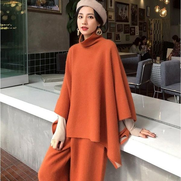 

women's fashionable 2 piece sets oversized solid turtleneck women pullover cape coat elastic waist wide leg ankle length pants, White