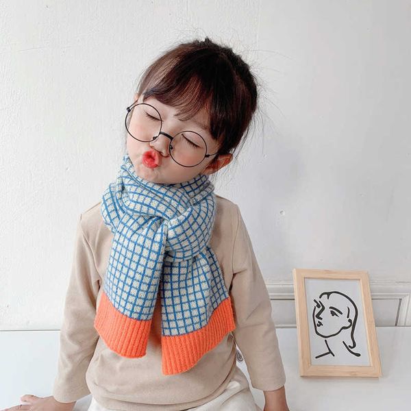

winter boys and girls knitted wool plaid scarf korean style baby kids shawl patchwork all-match scarves thicken warm 210615, Red;brown