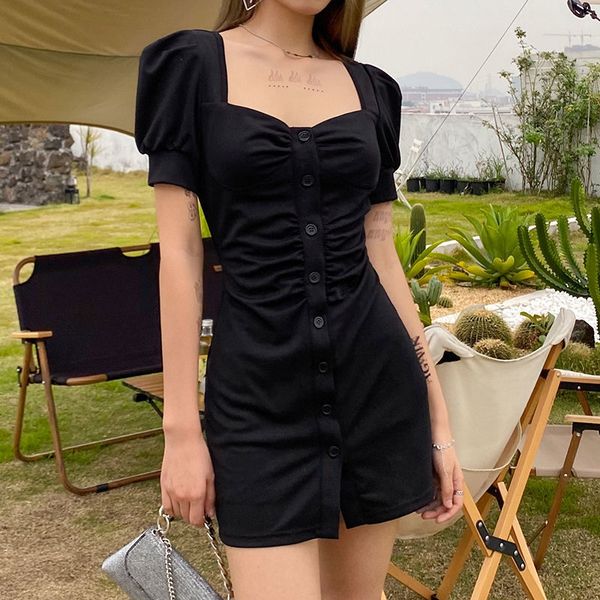 

vintage black dress women y2k mini dresses female puff sleeve dress square collar sundress single breasted 90s party dress, Black;gray