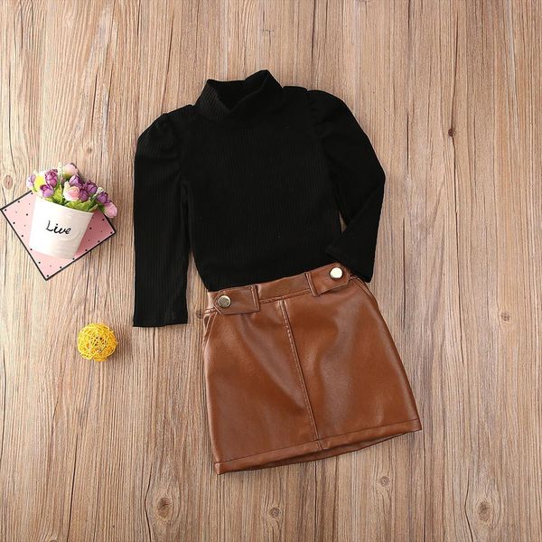 

2pcs infant baby girl clothes sets turtleneck sweater leather skirt outfits clothing 1 5y toddler, White