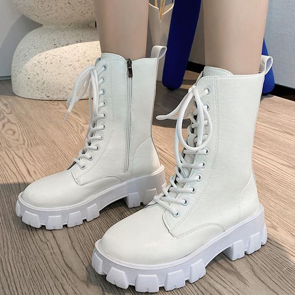 

boots rimocy 2021 white pu leather ankle for women platform thick heels motorcycle booties woman lace up short ladies, Black