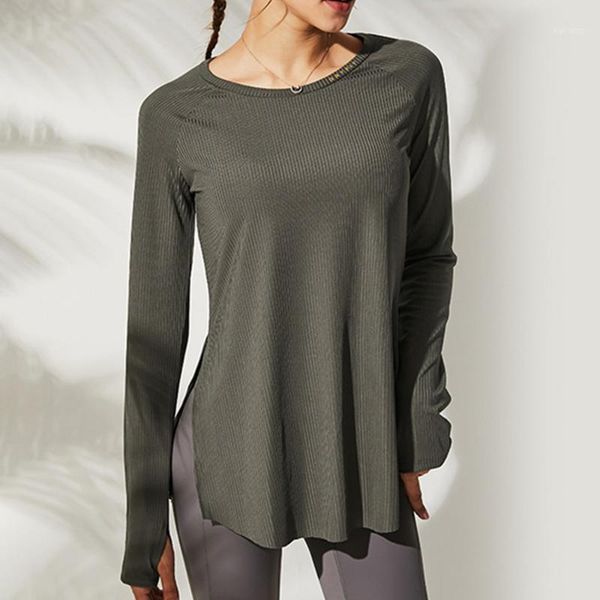 

yoga outfit women's loose clothes suitable for fitness sports shirt round neck breathable long sleeve with thumb holes