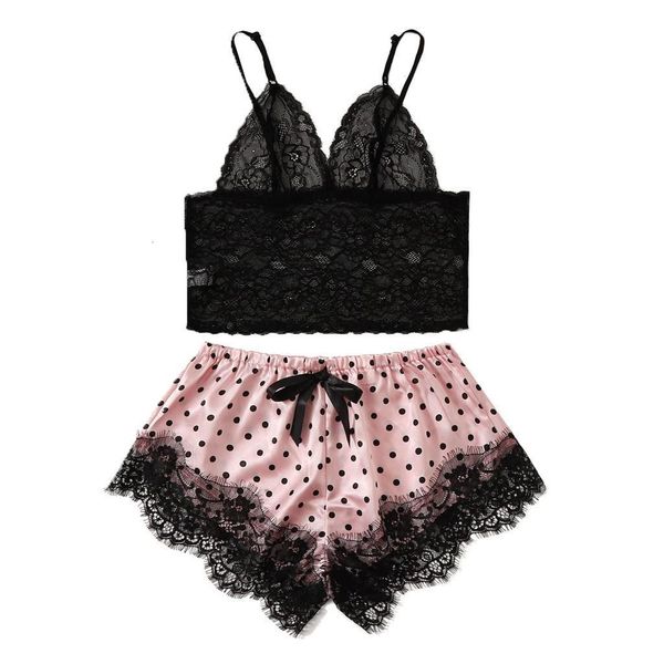 

duobla pijamas women sets pijama lady summer sleepwear shorts pajamas lace silk print v neck lingerie pink satin nightgown, Black;red