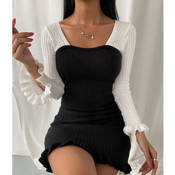 

casual dresses fashion women cute dress colorblock frill hem tied back knit bodycon, Black;gray