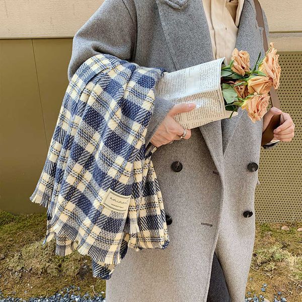 

2021 plaid cashmere scarf shawl dual purpose women's autumn and winter korean versatile warm bib, Blue;gray