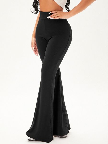 

sxy solid rib knit flare leg pants v5kk#, Black;white