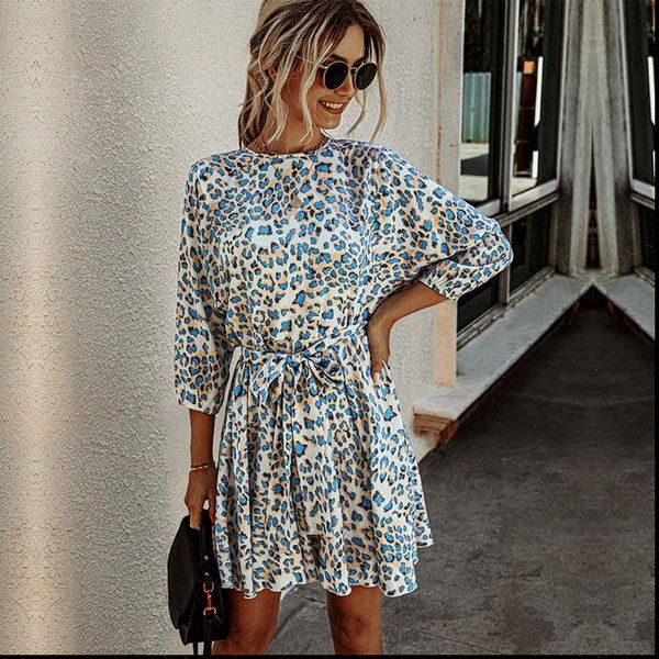 

2021 new summer fashion leopard print dress women casual o neck three quarter sleeve lace up dress, Black;gray