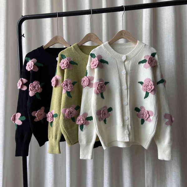 

women's sweaters female vintage knitwear cardigan jacket preppy style heavy industry rose embroidery sweater coat autumn winter to, White;black