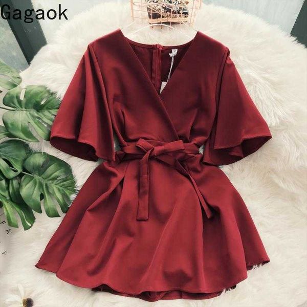 

women dress early spring solid v-neck flare sleeve sashes empire mini slim wild chic female fashion dresses 210531, Black;gray