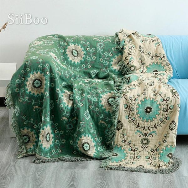 

siiboo four layers cotton yarn soft flower embrodiery sofa towel blanket bedding spread sheet countryside style sp6370