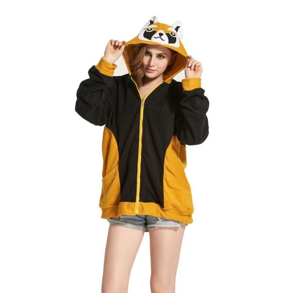 

women's hoodies & sweatshirts women 3d cartoon animal raccoon costume with ears face eyes sweatshirt jacket zipper, Black