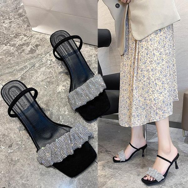 

slippers shoes low ladies' rubber fabric hoof heels pu rome slides, Black