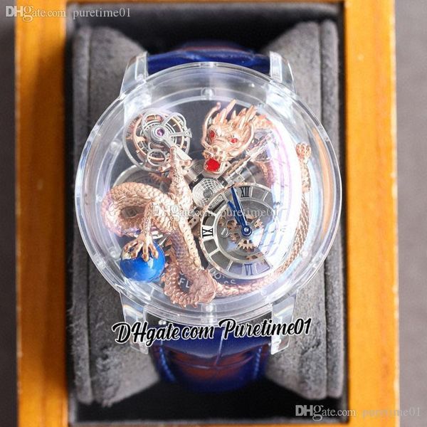 

astronomia tourbillon 18k rose gold dragon swiss quartz mens watch pave piece unique fully transparent glass 3d engraving blue leather super, Slivery;brown