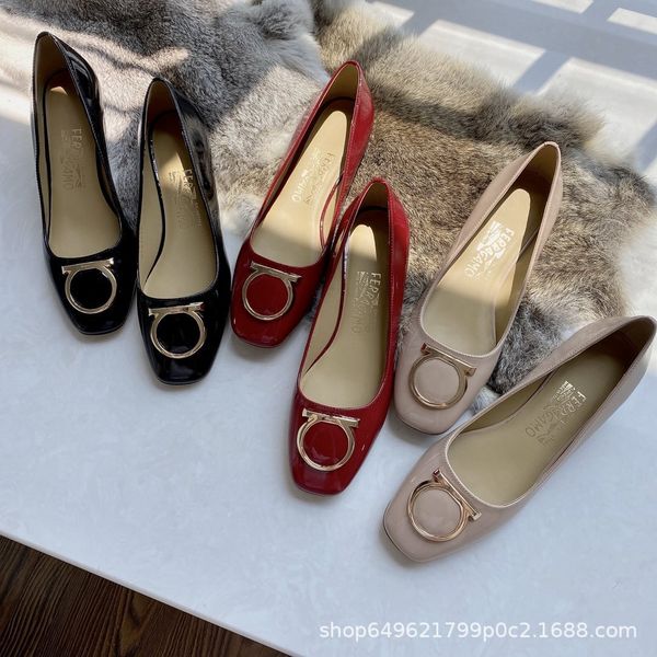 

luxury shoes 2021 round head saddle buckle flat middle heel light mouth red fashion versatile single women's sho, Black