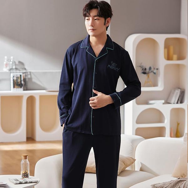 

men's sleepwear men pajamas plus size cotton long sleeve blue lounge set autumn winter cardigan button simple letter homewear, Black;brown
