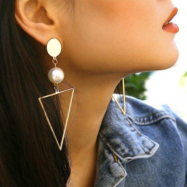 

jewelry personality long exaggerated geometric women's simple temperament pearl triangle versatile earrings, Silver