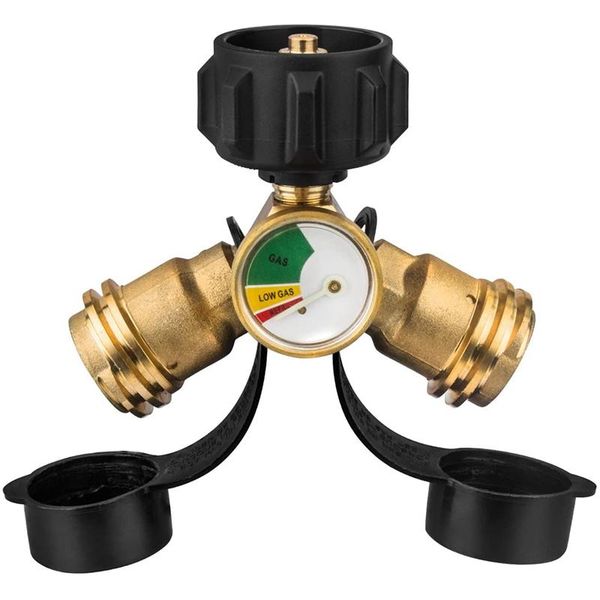 

watering equipments propane tank adapter splitter y with gauge, 2 way lp gas tee connector regulator for cylinde