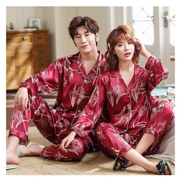 

men's sleepwear 2pcs couples silky satin shirt&pants pyjamas women print kimono gown intimate lingerie casual bathrobe homewear1, Black;brown