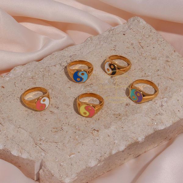

cluster rings 2021 ethnic multicolor glazed ying yang for friends anillos creative gold men's ring stainless steel women jewelry, Golden;silver