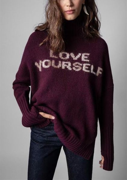 

women's sweaters 2021 winter women letters turtleneck knitted sweater ladies wine red long sleeve loose fashion side slit knitwear pull, White;black