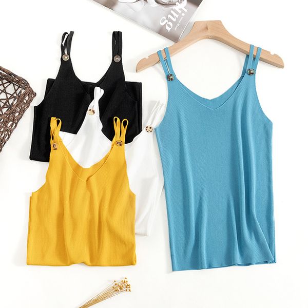 

2021 new basic button camisole summer knit tank women sleeveless tanks bodycon female camis high elasticity casual 6uac, White