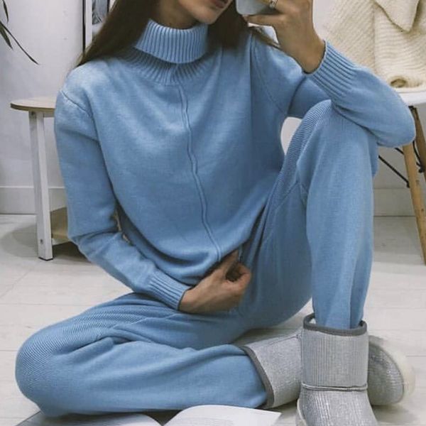 

knitted winter women's jumper pants casual suit ribbed turtleneck pockets pullover two piece sets sweatsuits for aac0, Gray