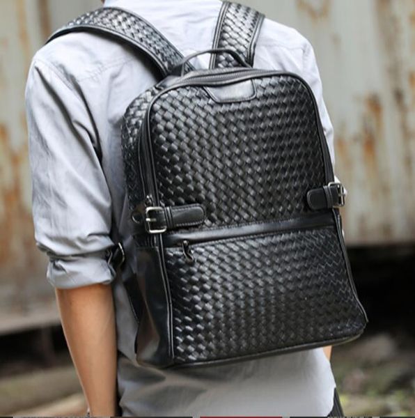 

factory wholesale brand men bag hand woven leather backpack trend thicken leathers man handbags college wind casual wovens backpacks