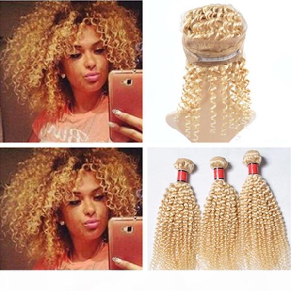 

#613 brazilian kinky curly virgin hair weaves with 360 band lace frontal blonde human hair 3bundles with full frontal 360 lace closure, Black;brown