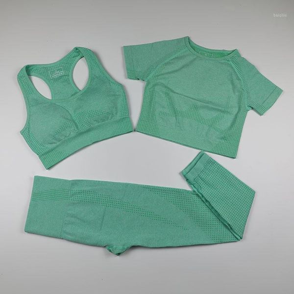 

yoga outfit workout clothes women sports bra+short sleeve crop shirts+seamless leggings 3 piece wear gym clothing set