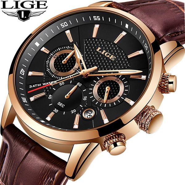 

wristwatches lige 2021 watch men fashion sport quartz clock mens watches leather business waterproof relogio masculino, Slivery;brown
