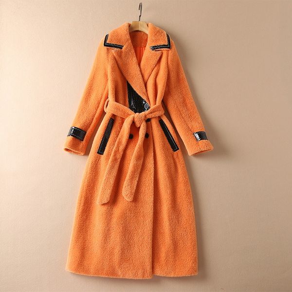 

european and american women's clothing winter 2022 new long sleeve double breasted belt imitation of color carved wool coat, Black