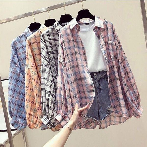 

korean style plaid classic loose shirts blouse women daily all-match cute student women clothing fashion vintage shirt, White