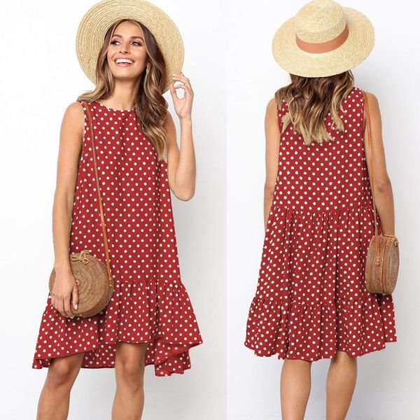 

casual dresses polka dot dress women 2021 summer beach plus size sleeveless yellow loose a-line midi vestidos clothing, Black;gray