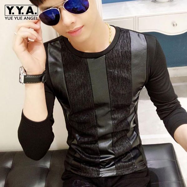 

mens pu leather patchwork slim fit t-shirt o-neck long sleeve pullover harajuku winter fleece lining skinny t-shirts top, White;black