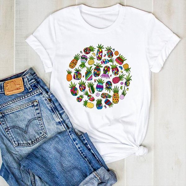 

pineapple cartoon cute girl fruit womens t shirts beach summer tee clothes graphic, White