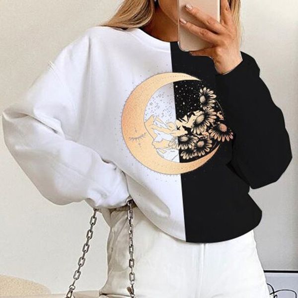 

2021 new black white moon flower brand designer sweatshirt women o-neck casual loose winter thin plus size high fashion streetwear pkax