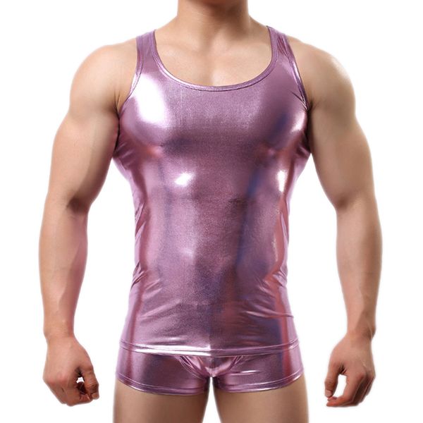 

mens solid color low-cut faux leather sleeveless pu undershirt tank vest waistcoat underwear gay male undershirt, White;black