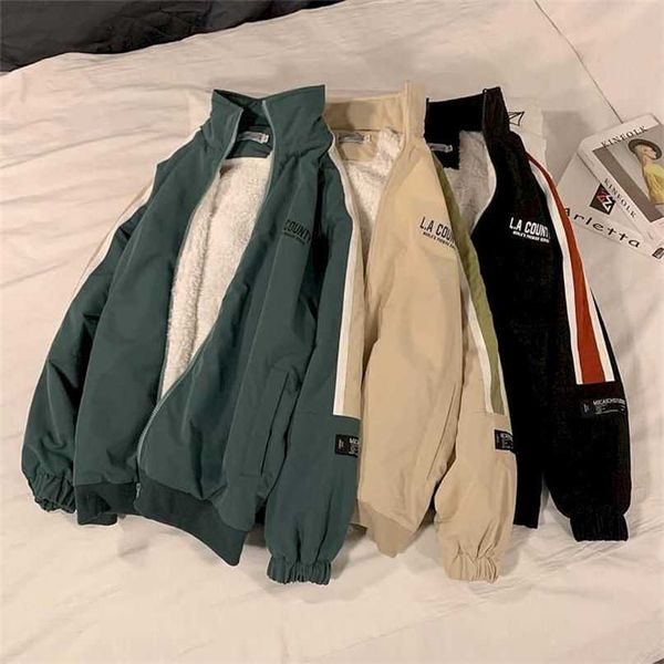 

men's lamb wool jacket men's winter plus velvet thick padded coat handsome light up street korean trend high street hip hop 211025, Black;brown