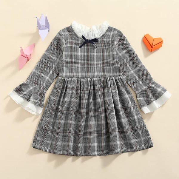 

girl's dresses autumn girls casual big hem dress grey plaid printed pattern lovely long flared sleeves, Red;yellow