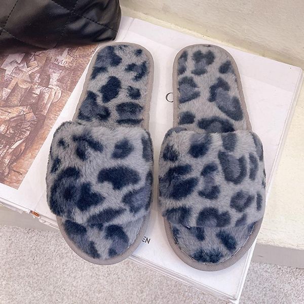 

slippers women leopard faux fur ladies fashion soft home flip flops slides female indoor plush fluffy warm flat shoes, Black