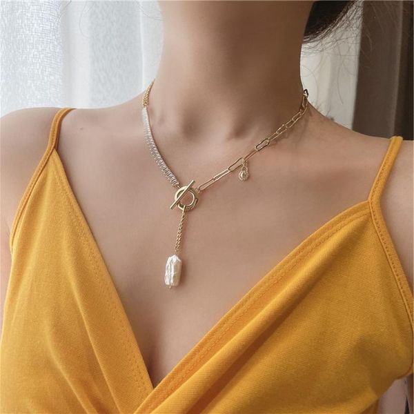 

chains tarcliy fashion creative link chain stitching rhinestone ot buckle necklace simple pearl pendant lady jewelry gift, Silver