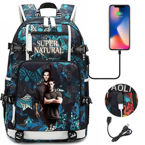 Mochila Supernatural Mulheres Homens Multifunções Multifunções Impermeáveis ​​USB Carregando Escola de Laptop Escola Sacos para Meninos Meninas