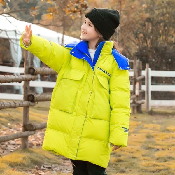 

down coat 2021 streetwear winter girls jacket white duck loose hit color thicken parkas hooded outerwear a861, Blue;gray