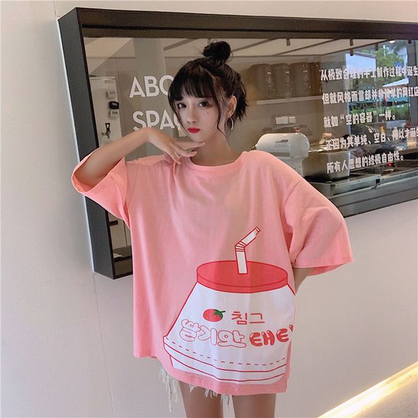 

japanese kawaii strawberry milk printing female t-shirt summer oversized loosed short sleeve t harajuku sweet schoolgirl s 78rr, White