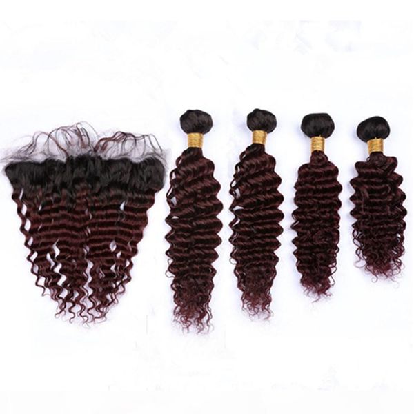 

malaysian deep wave burgundy ombre weave human hair 4bundles with lace frontal closure 13x4" #1b 99j wine red ombre virgin hair extensi, Black;brown