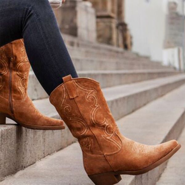 

women's chunky heel mid-calf boots ladies pointed toe women embroidery boot female on retro vintage shoes fashion lnkn, Black