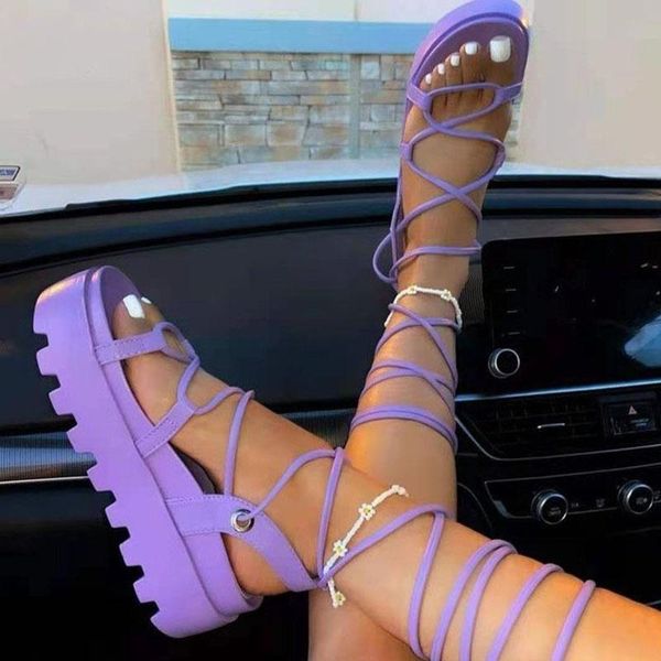 

sandals rimocy chunky platform cross strap gladiator women summer lace-up thick sole wedge woman purple roman shoes, Black